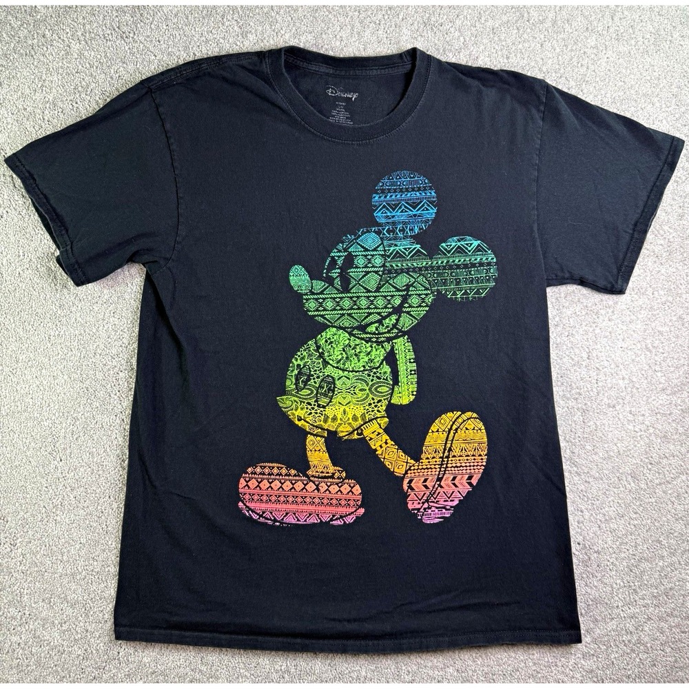 Disney Mickey Mouse T Shirt Mens Size Large Black Rainbow Tribal Pattern Graphic